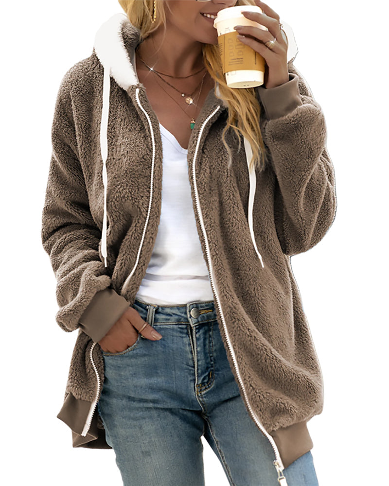 Plush Fleece Zip Hoodie with Hood for Women