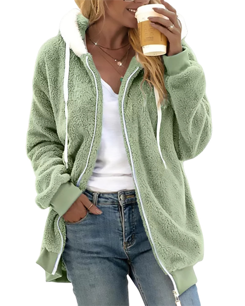 Plush Fleece Zip Hoodie with Hood for Women