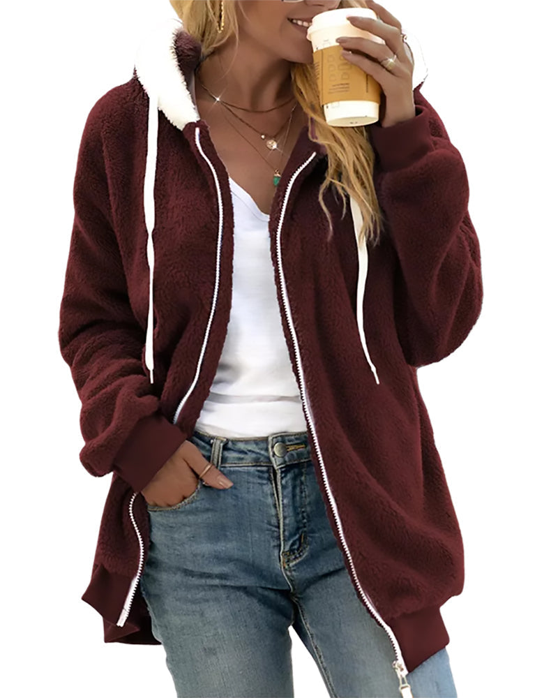 Plush Fleece Zip Hoodie with Hood for Women