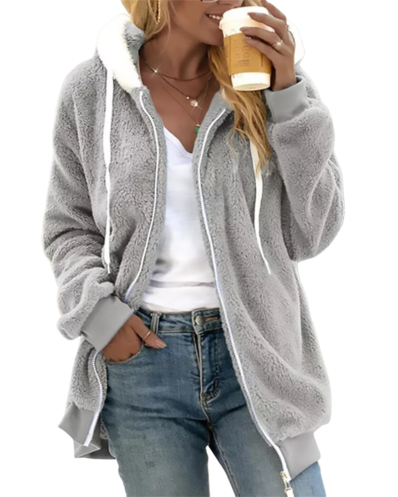 Plush Fleece Zip Hoodie with Hood for Women