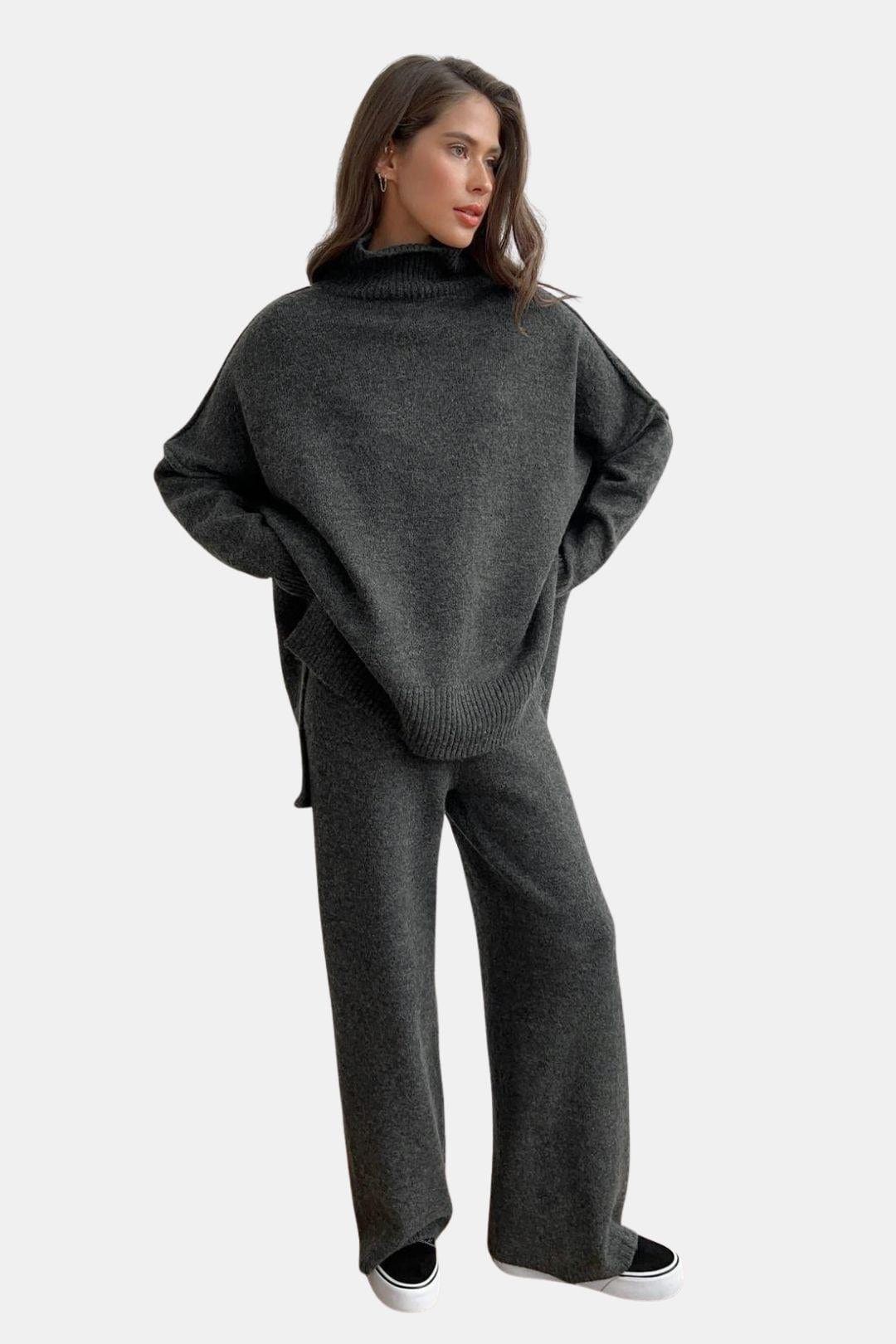 Plain Turtleneck Knit & Pants Set for Women
