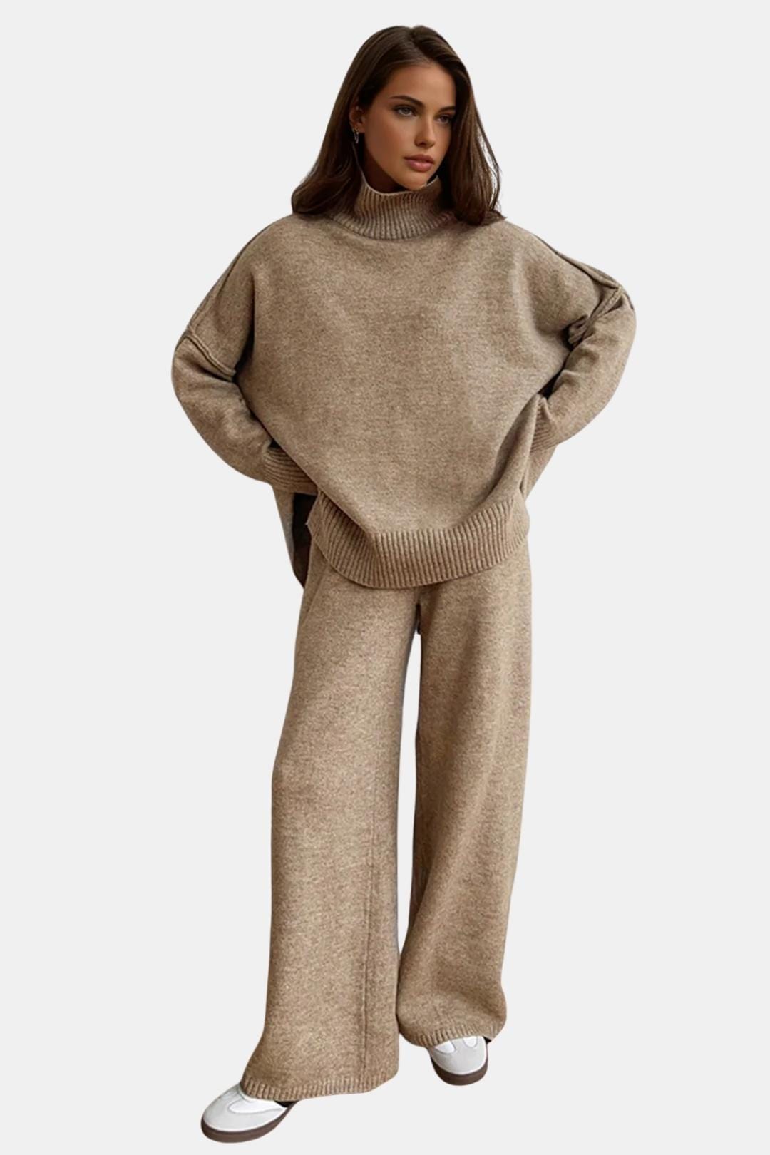 Plain Turtleneck Knit & Pants Set for Women