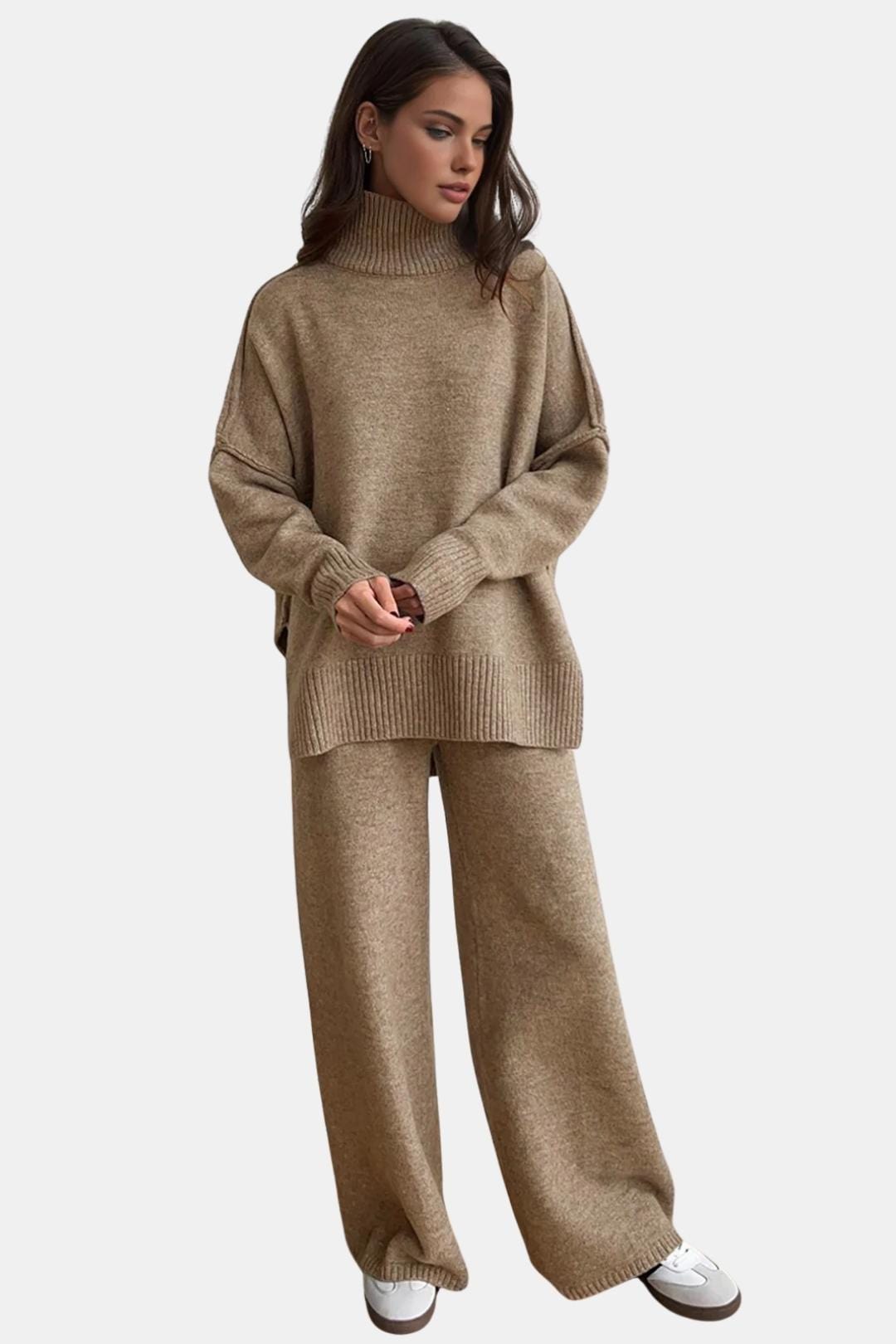 Plain Turtleneck Knit & Pants Set for Women