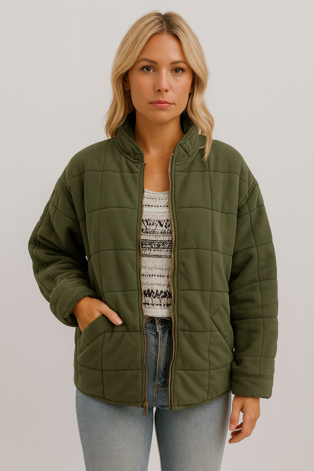 Quilted Zip Jacket with High Collar for Women