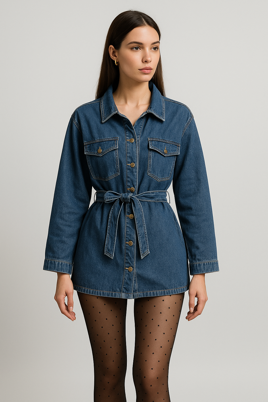 Belted Cargo Denim Polo Jacket for Women