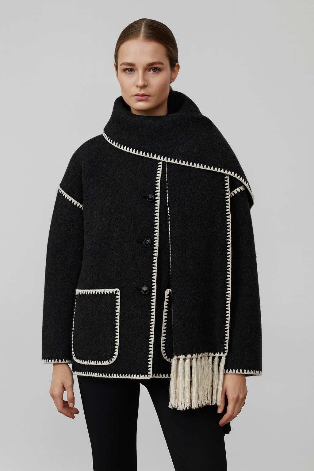 Contrast-Trim Jacket with Matching Scarf for Women