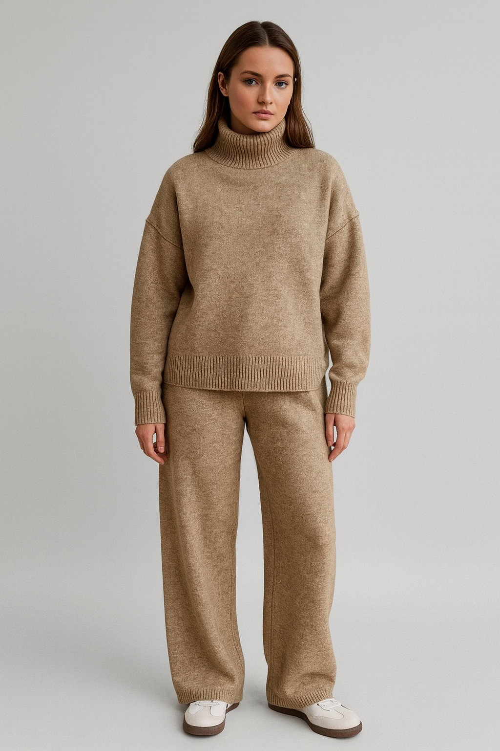 Plain Turtleneck Knit & Pants Set for Women