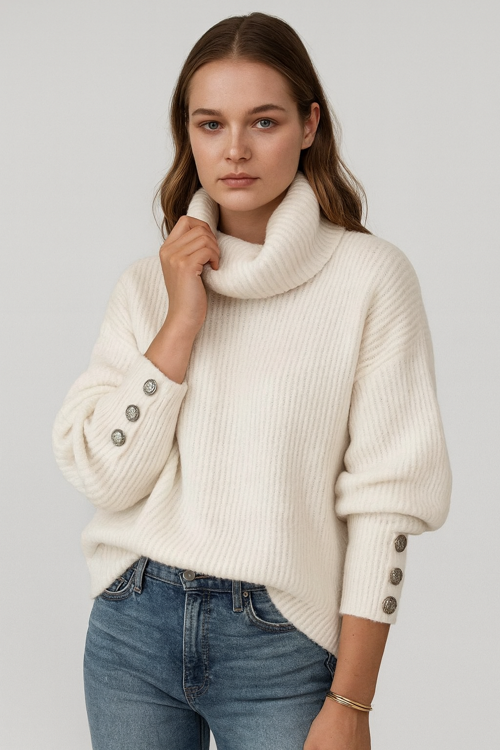 Turtleneck Sweater with Button Detail for Women