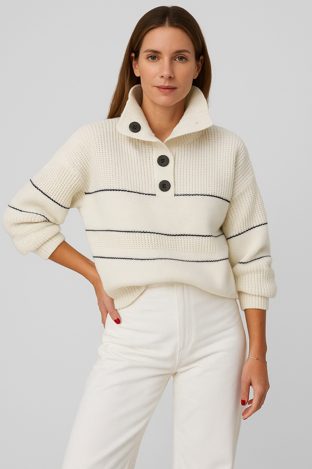 Open-Collar Button-Up Sweater for Women