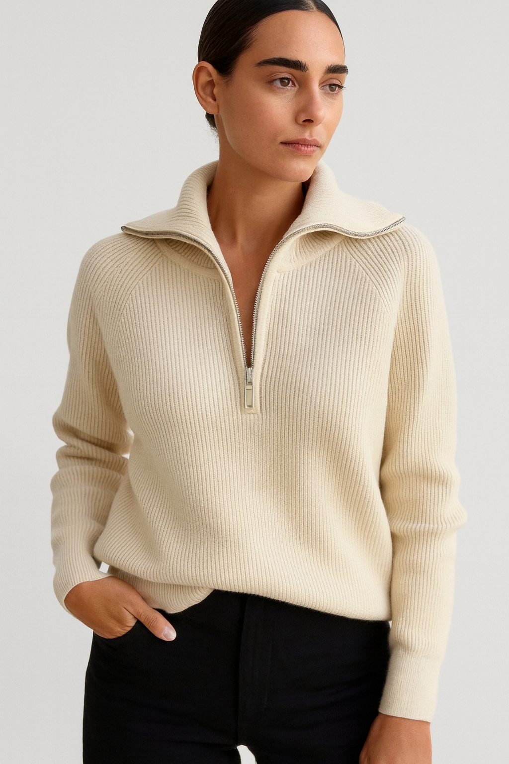 Zip-Up Long Sleeve Knit Sweater for Women