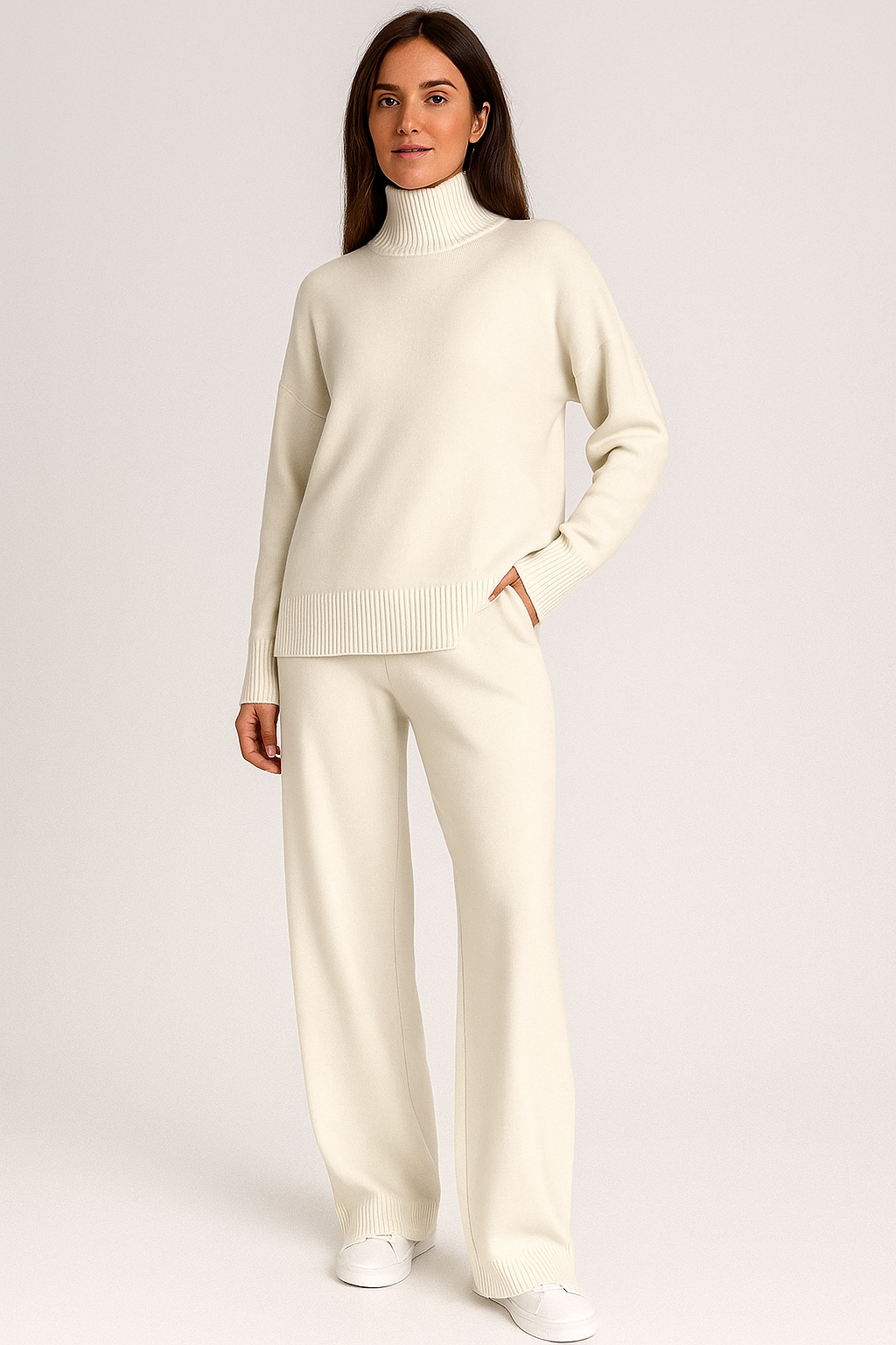 Solid Colour Turtleneck Knit Set for Women