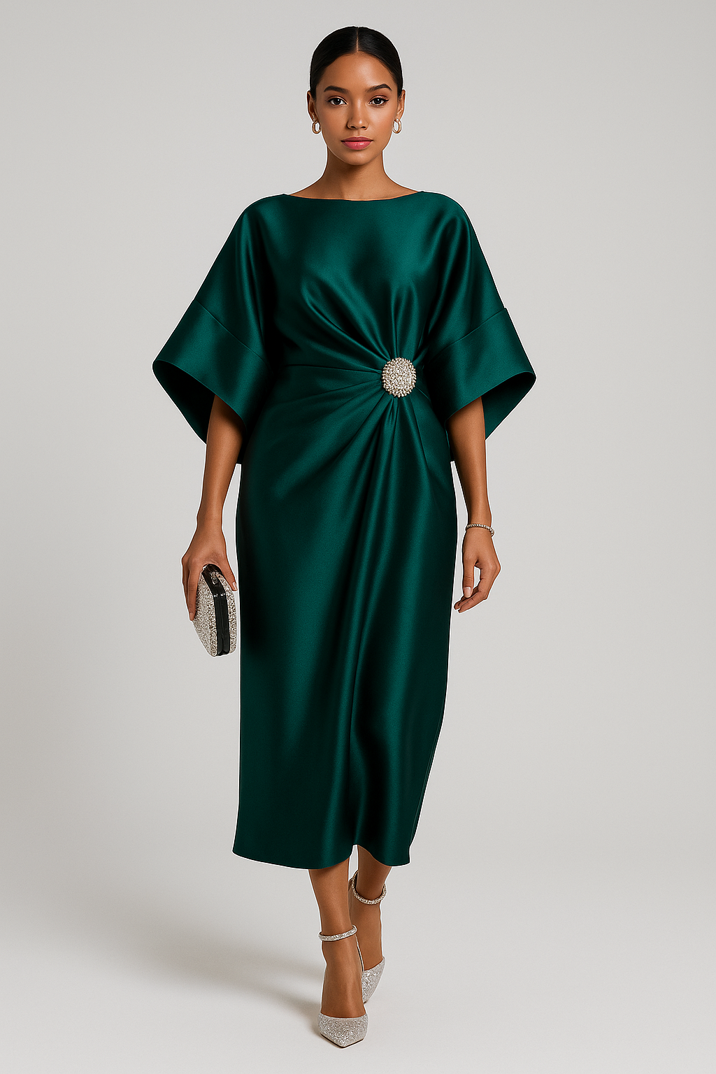 Wide-Sleeve Satin Maxi Dress for Women