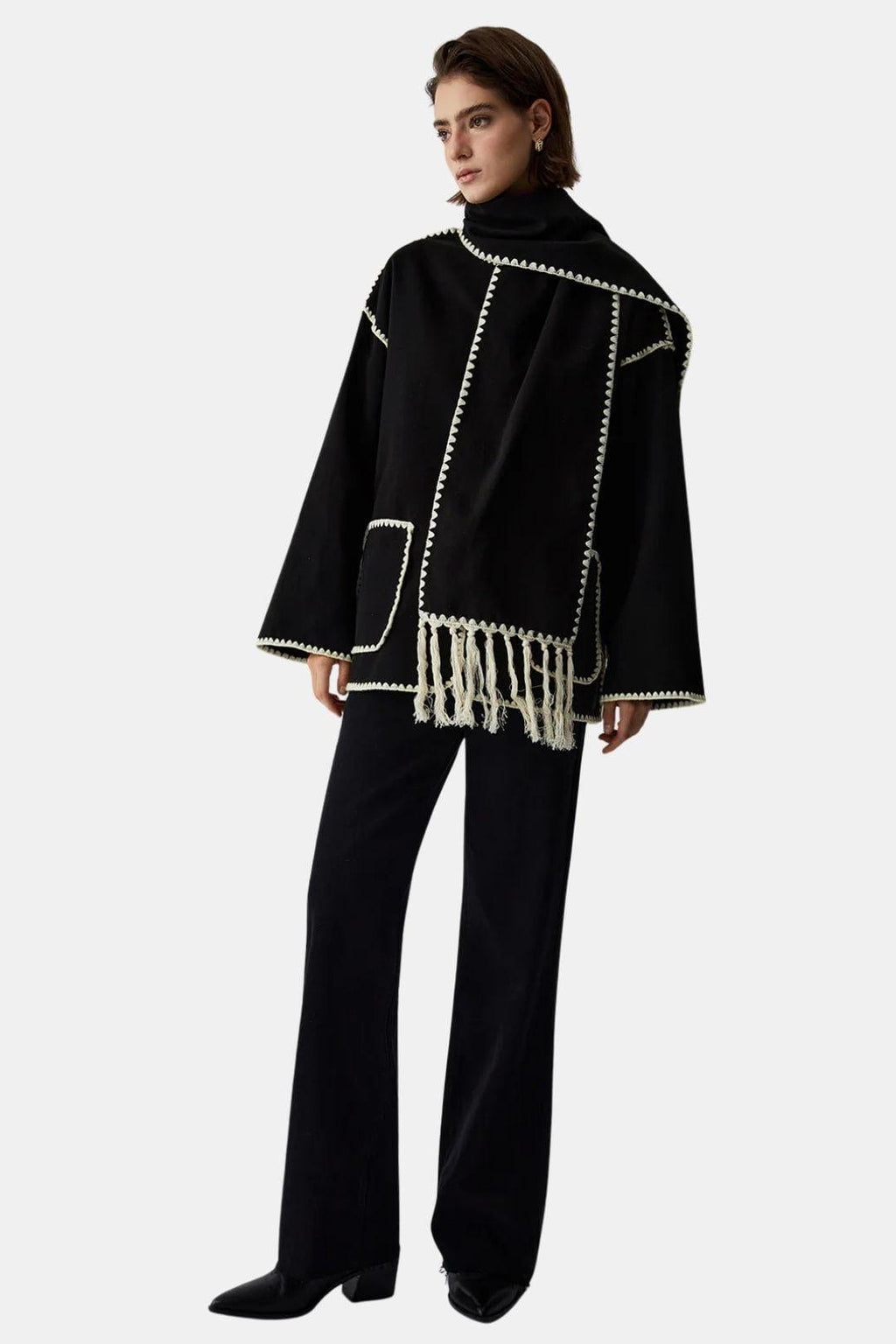 Contrast-Trim Jacket with Matching Scarf for Women