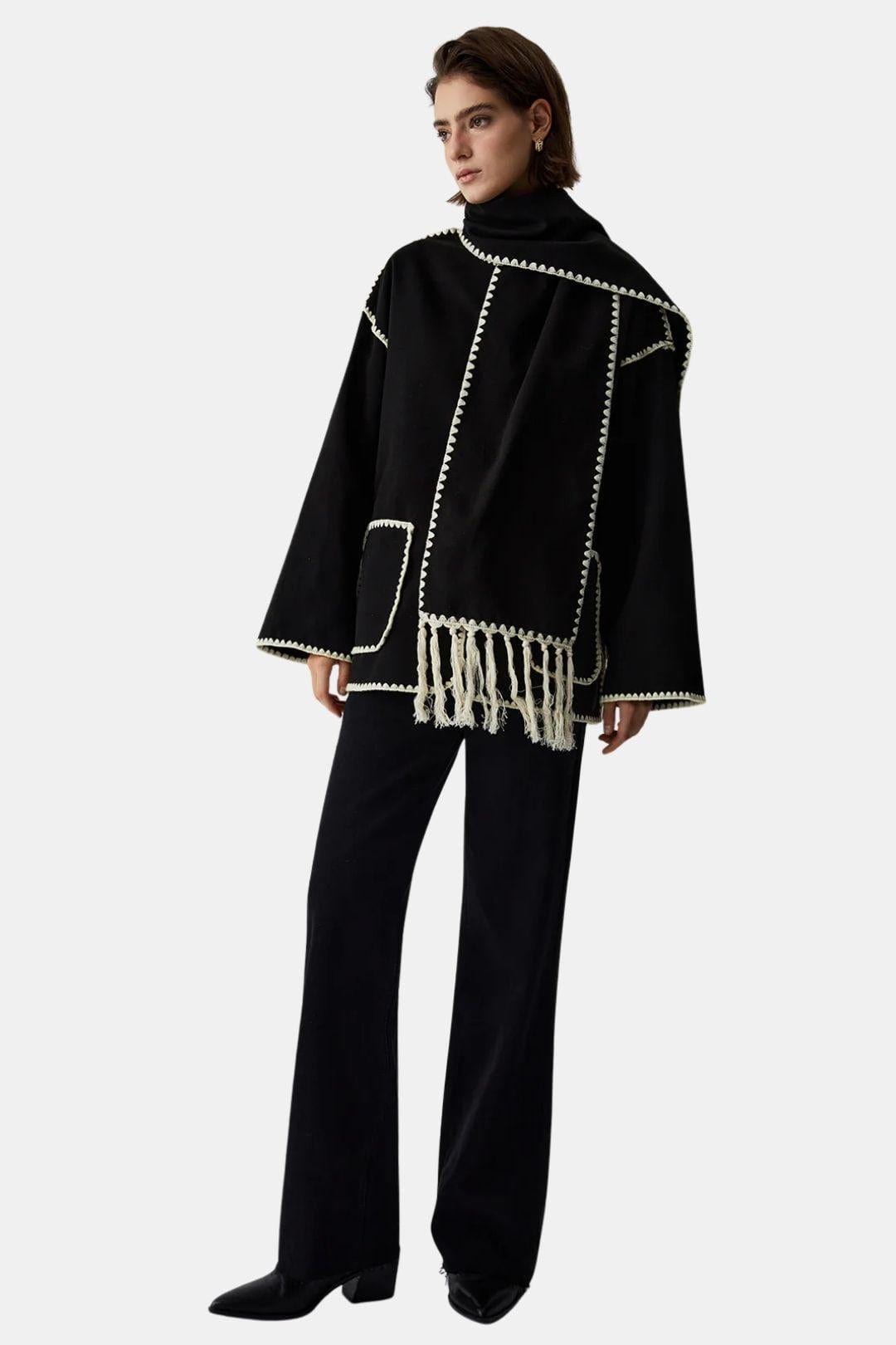 Contrast-Trim Jacket with Matching Scarf for Women