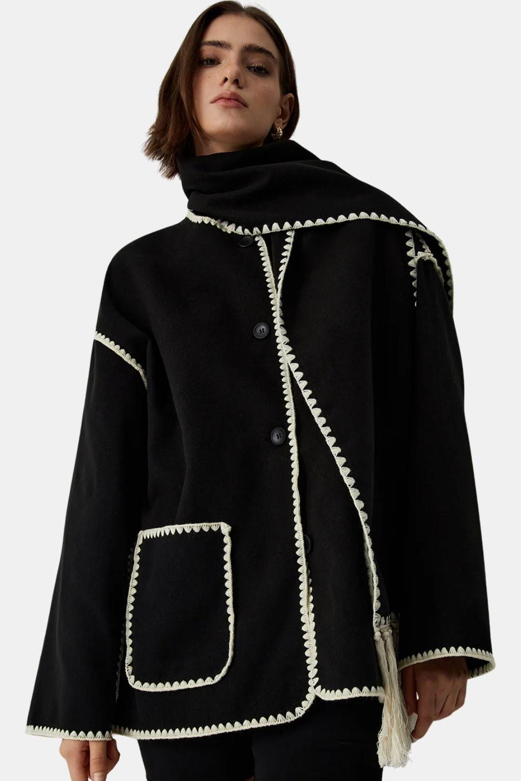 Contrast-Trim Jacket with Matching Scarf for Women