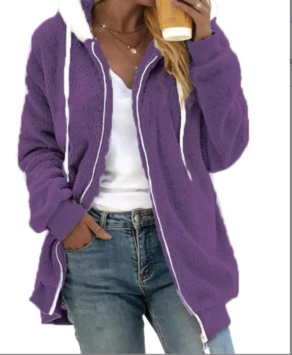 Plush Fleece Zip Hoodie with Hood for Women