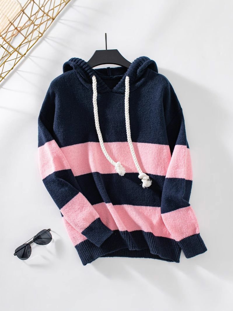 Colour-Block Hooded Knit Sweater for Women