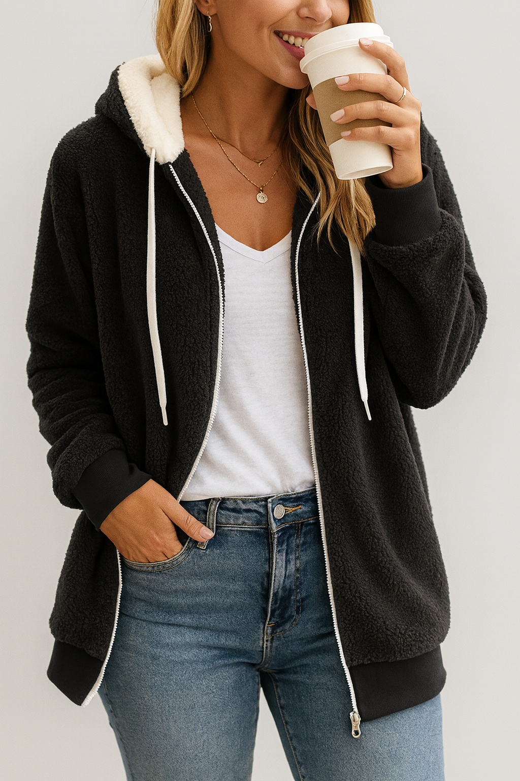 Plush Fleece Zip Hoodie with Hood for Women