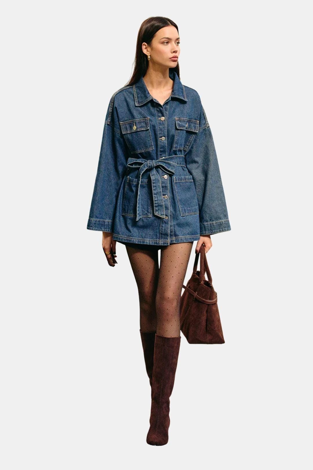 Belted Cargo Denim Polo Jacket for Women