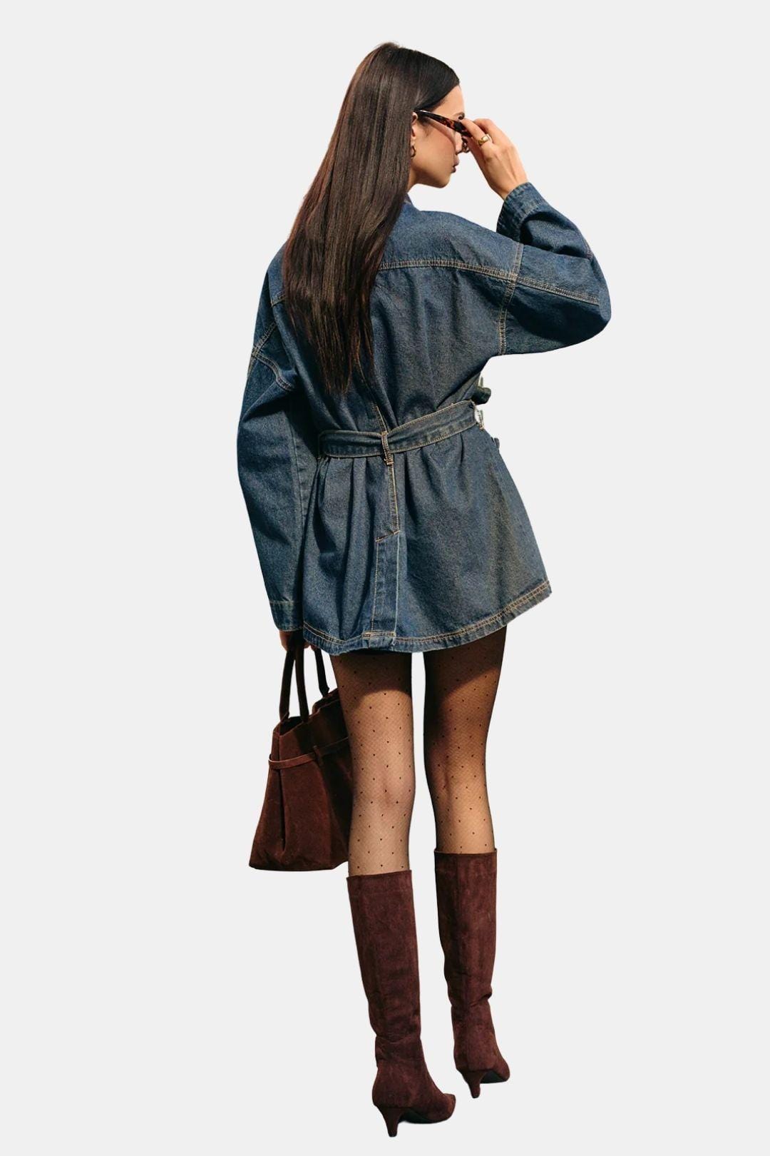 Belted Cargo Denim Polo Jacket for Women