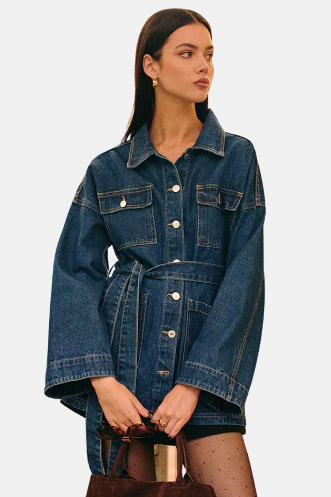 Belted Cargo Denim Polo Jacket for Women