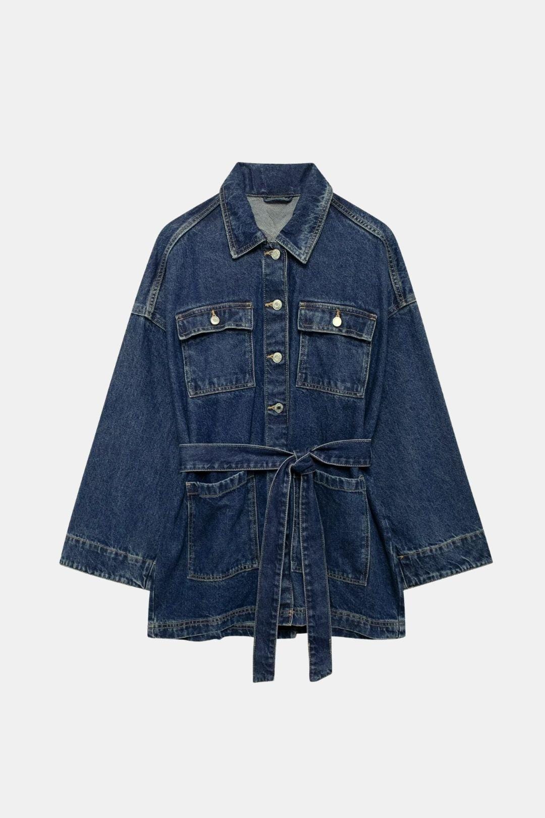 Belted Cargo Denim Polo Jacket for Women
