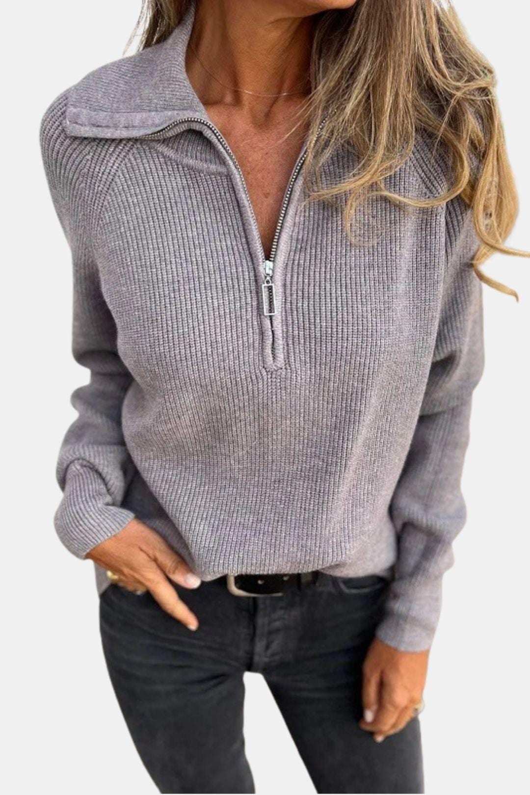 Zip-Up Long Sleeve Knit Sweater for Women