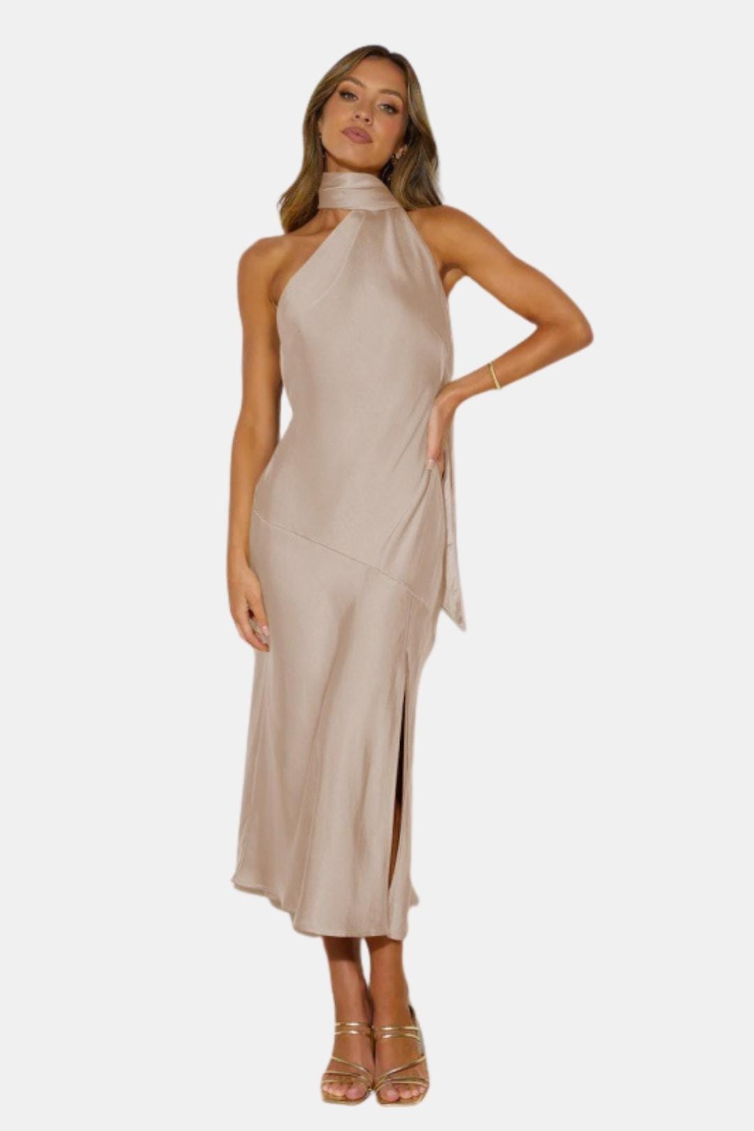 Satin Cowl-Neck Halterneck Midi Dress for Women