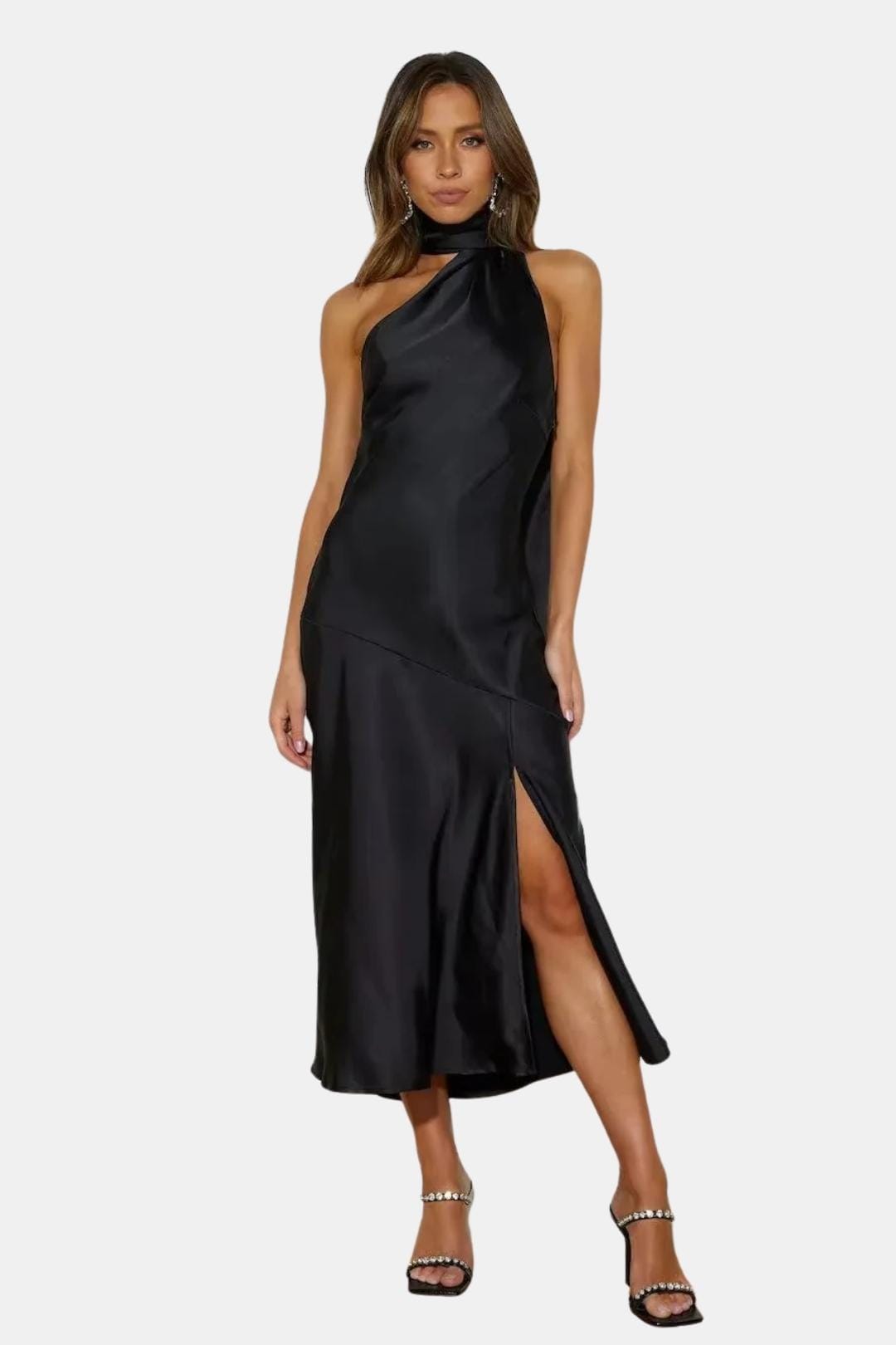 Satin Cowl-Neck Halterneck Midi Dress for Women
