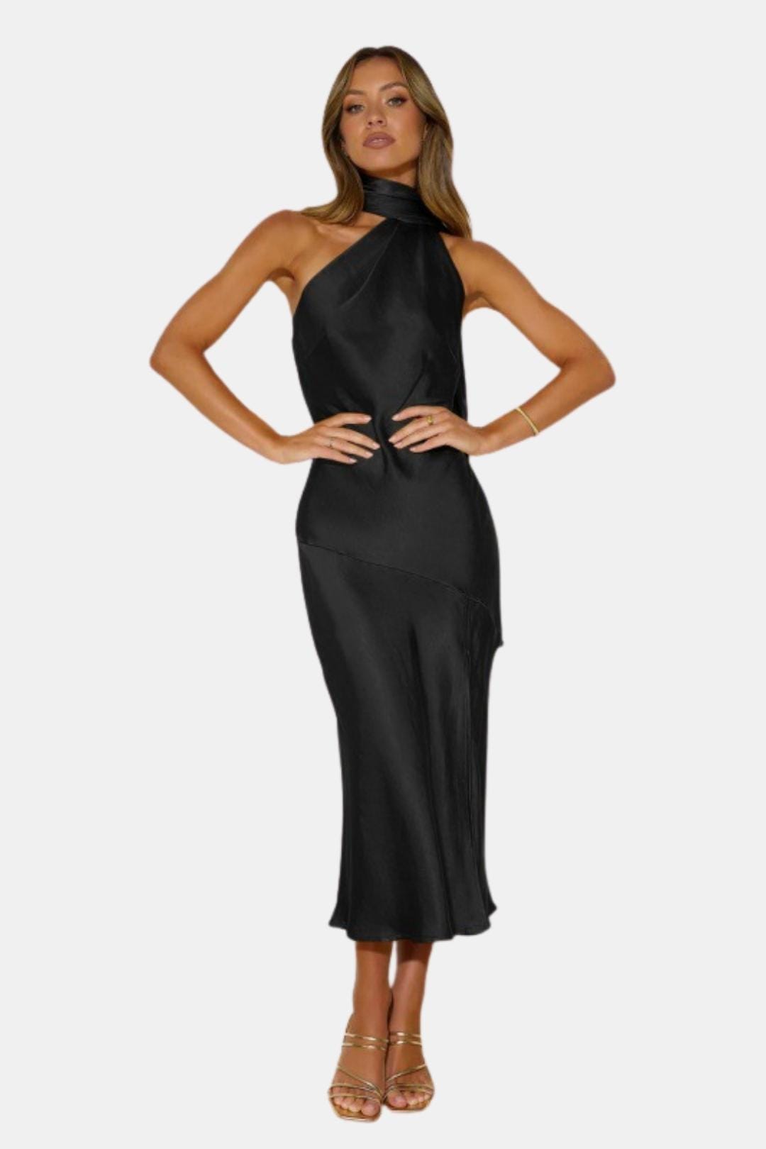 Satin Cowl-Neck Halterneck Midi Dress for Women