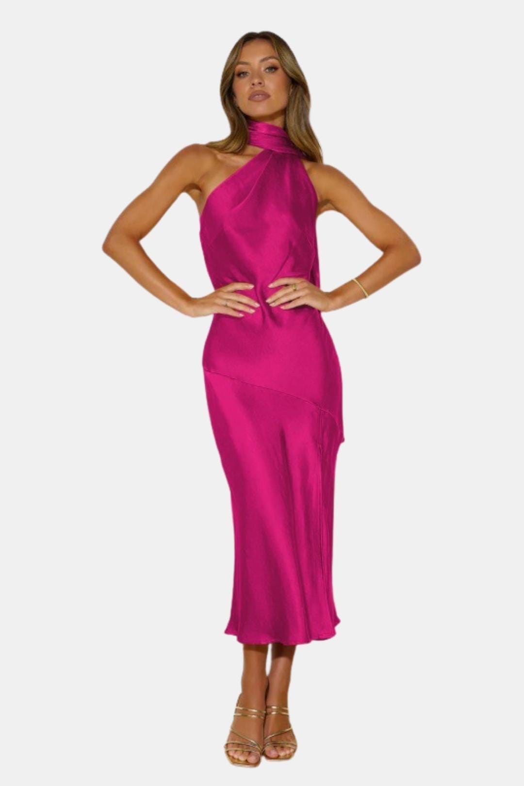 Satin Cowl-Neck Halterneck Midi Dress for Women