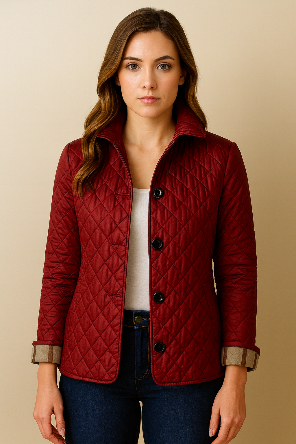 Diamond-Quilted Jacket with Stand-Up Collar for Women